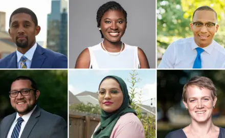 Headshots of six Next Up candidates Brandon Scott, Christian Menefee, Nancy Metayer, Ricky Hurtado, Nida Allam and Rebecca Mitchell.