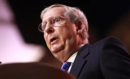 A close-up of Mitch McConnell's face during his speaking remarks at the 2014 CPAC.