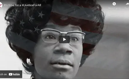 A picture of Shirley Chisholm, a still from the "Justice For All" video.