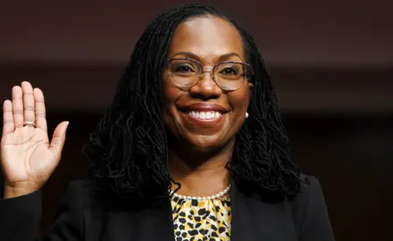 Judge Ketanji Brown Jackson being sworn in during her confirmation hearing to the D.C. District Court of Appeals in 2021.