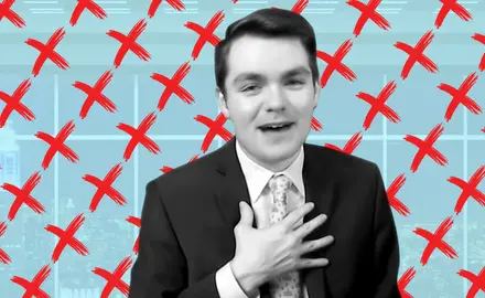 White supremacist Nick Fuentes in front of a blue background with red exes