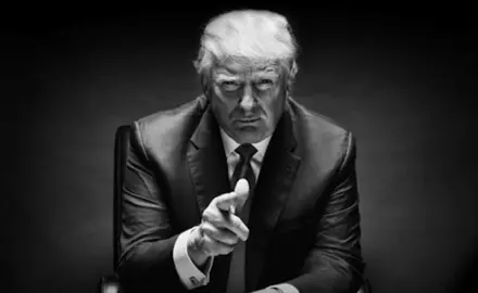 A black and white image of Donald Trump.