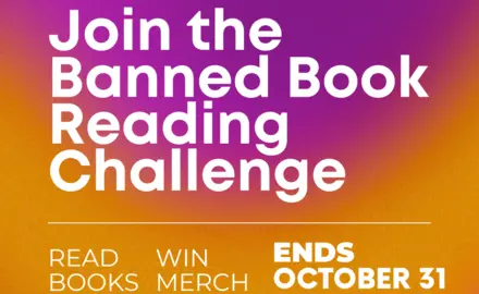 white text on a purple and yellow background. Text reads "join the banned book reading challenge. Read books, win merch. Ends October 31.