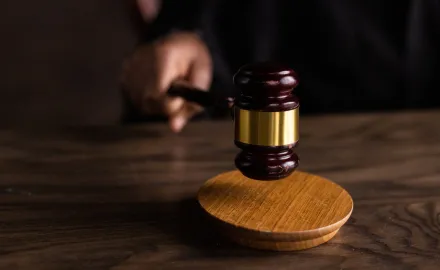 A hand holding a gavel