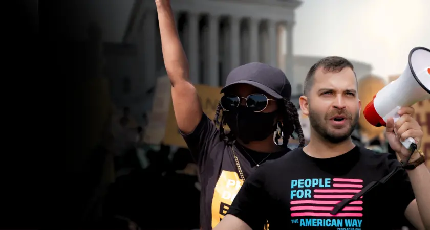 Pictures of people at a protest that reads "the resistance starts now" 