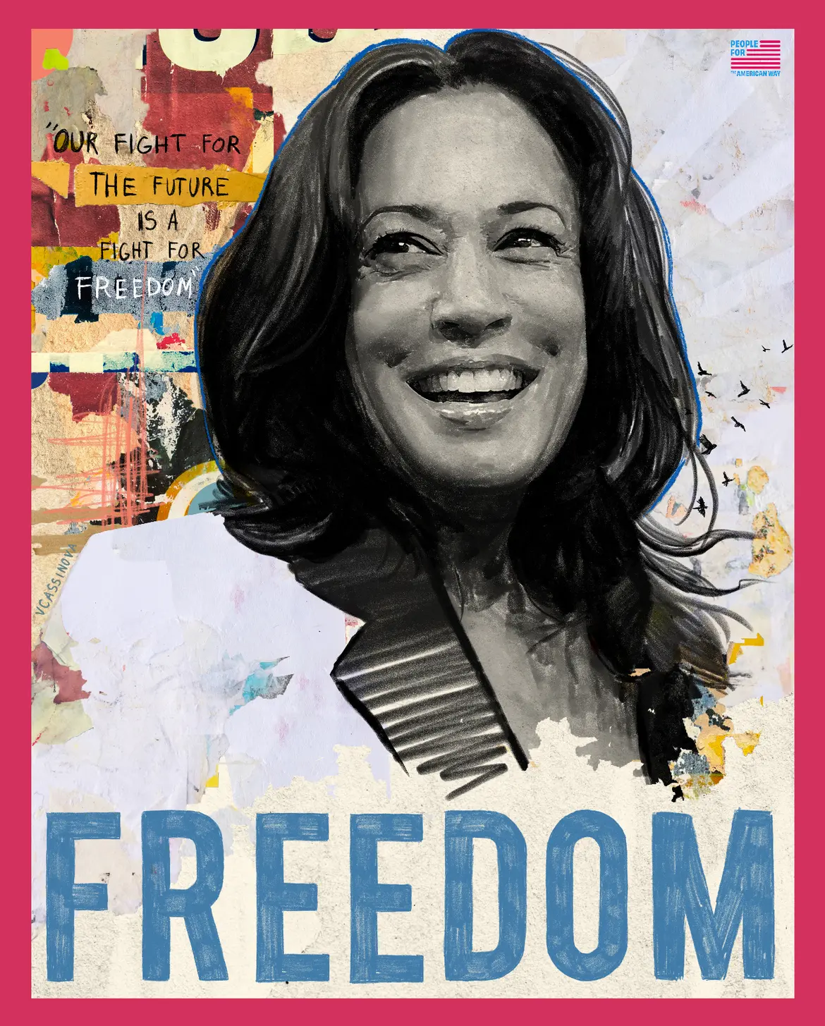 An art piece featuring an image of Kamala Harris and the word "Freedom"