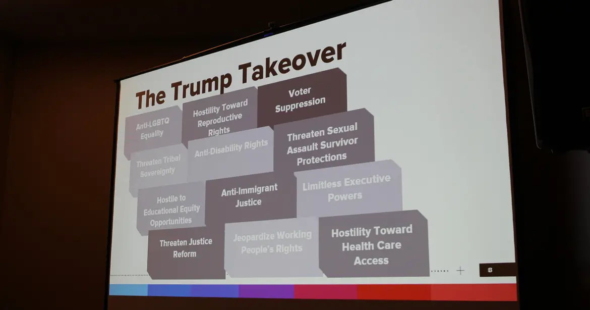 A PowerPoint slide detailing 12 factors that contribute to "The Trump Takeover." Factors are anti-LGBTQ equality, hostility toward reproductive rights, voter suppression, threaten tribal sovereignty, anti-disability rights, threaten sexual assault survivor protections, hostile to education equity opportunities, anti-immigrant justice, limitless executive powers, threaten justice reform, jeopardize working people's rights, and hostility toward health care access.