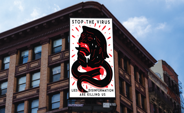 A billboard with an illustration of Trump that reads "stop the virus. lies and disinformation are killing us"