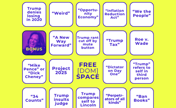 A blue and yellow bingo card for the 2024 presidential debate