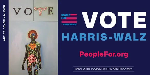 A piece of artwork with text reading "VOTE Harris-Walz"