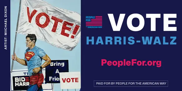 A piece of artwork with text reading "VOTE Harris-Walz"