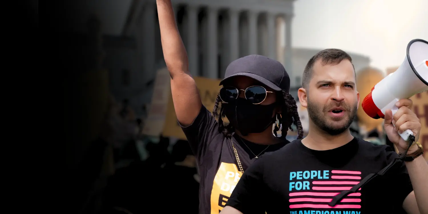 Pictures of people at a protest that reads "the resistance starts now" 