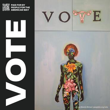 Painting of a black woman with red hair covered in flowers that says "vote" at the top. Art by Beverly McIver