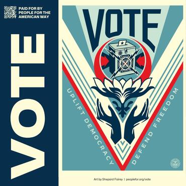 Art print by Shepard Fairey that says "UPlift Democracy. Defend Freedom. Vote." 