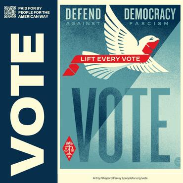 Art print by Shepard Fairey of a white bird on a blue background. Text reads "Defend Democracy against fascism. Lift every vote. Vote." 