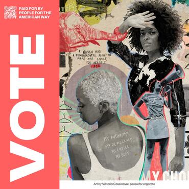 Art print by Victoria Cassinova featuring paintings of Black women, hangers, and a red elepahnt attempting to control them. Text reads "my body my choice" and "vote". 