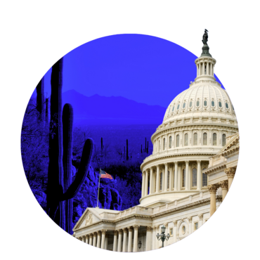 the US Capitol in front of a blue picture of cacti