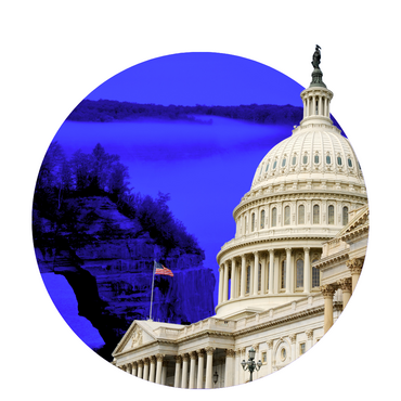 the US Capitol in front of a picture of michigan lakes