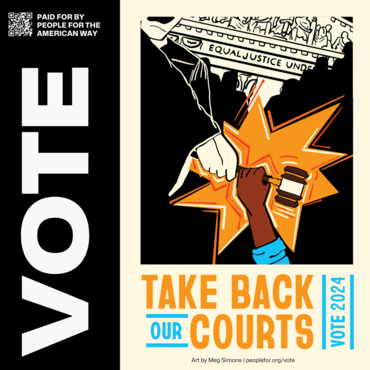 A hand grabbing a gavel that's being slammed down on them on top of text that says "take back our courts. Vote 2024" Small tex treads "art by Meg Simons"