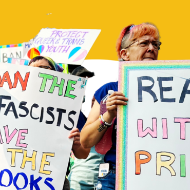 People at a protest hold signs that say "ban the fascists save the books" and "read with pride" 