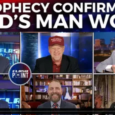 Image from Nov 7 2024 FlashPoint program includes text "PROPHECY CONFIRMED! GOD'S MAN WON!" and images of host Gene Baily and five panelists. 