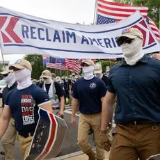 Members of far-right group Patriot Front May 13, 2023, marching Washington, D.C. 