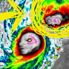 Colorful radar image of Hurricane Milton with hand-drawn circles and arrows pointing to storm