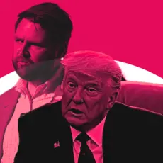 Trump and JD Vance in front of a white half circle