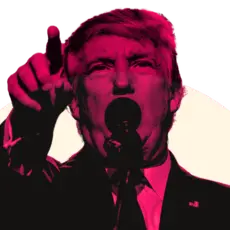 donald trump with a red hue overlay pointing at the sky with a microphone in front of his mouth