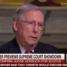 Screenshot of MSNBC interview with Mitch McConnell with caption "Majority Leader Previews Supreme Court Showdown"