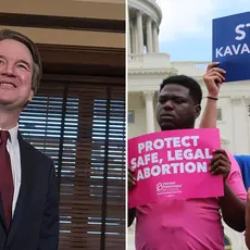 Brett Kavanaugh and people holding signs that say "Stop Kavanaugh!" and "Protect safe, legal abortion"