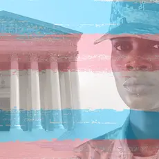 An image of a woman in a military uniform next to the Supreme Court with the trans flag overlaid