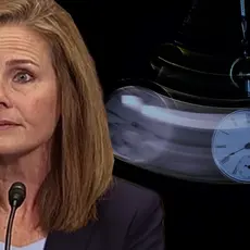 Amy Coney Barrett next to a swinging stopwatch