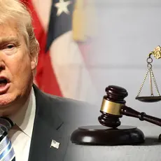 Donald Trump next to a gavel and the scales of justice