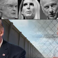 Donald Trump next to a wall with a superimposed picture of a child behind a chain link fence