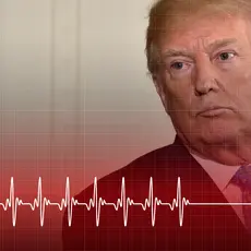 An image of Donald Trump overlaid with a red sinus rhythm (heartbeat)