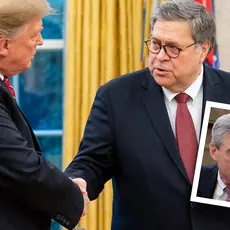 Donald Trump and AG Barr shake hands; there is an overlaid photo of Mueller