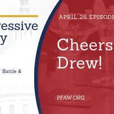 A title image for The Progressive Happy Hour with hosts Christen "Cici" Battle and Diallo Brooks; April 26: Cheers, Drew!