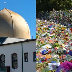 An image of a mosque next to an image of flowers and other tributes left outside along a wall