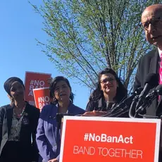 Khizr Khan speaks at a rally and advocates for the passage of the #NoBanAct