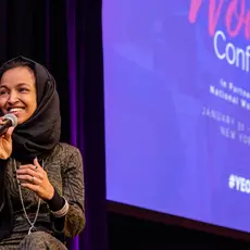 Ilhan Oman speaks at the Women's Conference in New York