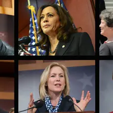 A compilation of headshots including Bernie Sanders, Kamala Harris, Joe Biden, Cory Booker, Kirsten Gillibrand, and Elizabeth Warren