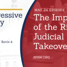 A title image for The Progressive Happy Hour with hosts Christin "Cici" Battle and Diallo Brooks; May 24: The Impact of the Right's Judicial Takeover