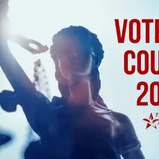 An image of Lady Justice with the text "Vote the Courts 2020"