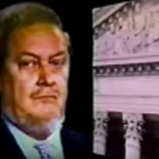 Image of Robert Bork and U.S. Supreme Court from 1987 PFAW ad opposing Bork's nomination.