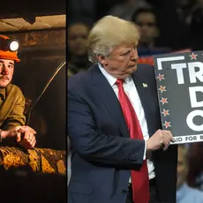 An image of a miner wearing a hard hat and head lamp next to am image of Donald Trump holding a sign that says "Trump digs coal."