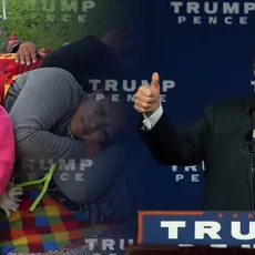 Left: A Salvadoran family fleeing poverty and gang violence wakes up at dawn at an ad hoc migrant shelter at a sports field near the U.S.-Mexico border in November 2018. Right: Trump gives a thumbs up at a campaign rally in September 2016.