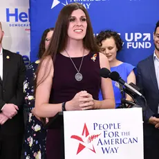 Danica Roem at the speaker's podium at PFAW's Next Up 2019 Virginia kickoff event.