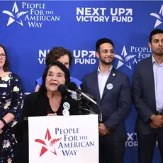 Dolores Huerta at the speaker's podium at PFAW's Next Up 2019 Virginia kickoff event.