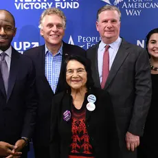 Andrew Gillum, Terry McAuliffe, Michael Keegan, Lizet Ocampo and Dolores Huerta at PFAW's 2019 Next Up Virginia kickoff event.